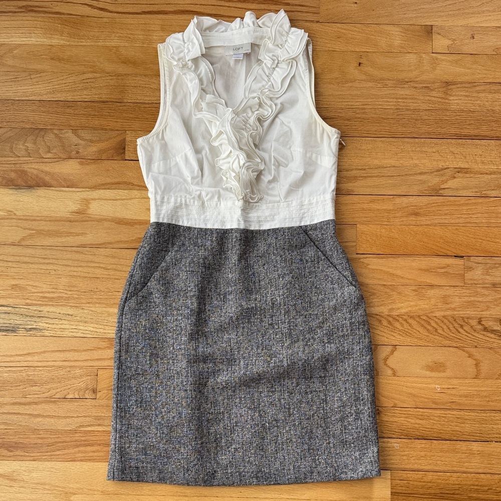 LOFT White Ruffle Bodice Gray Tweed Pencil Dress